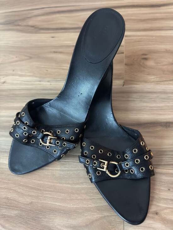 Gucci Shoes - Gucci Vintage Black Leather Grommet Studded Kitten Heel Slide Mules